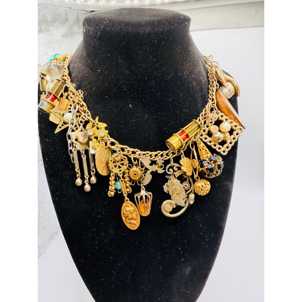 Vintage Maximalist Gold Tone Multi Charm Statement Necklace Chunky Chain